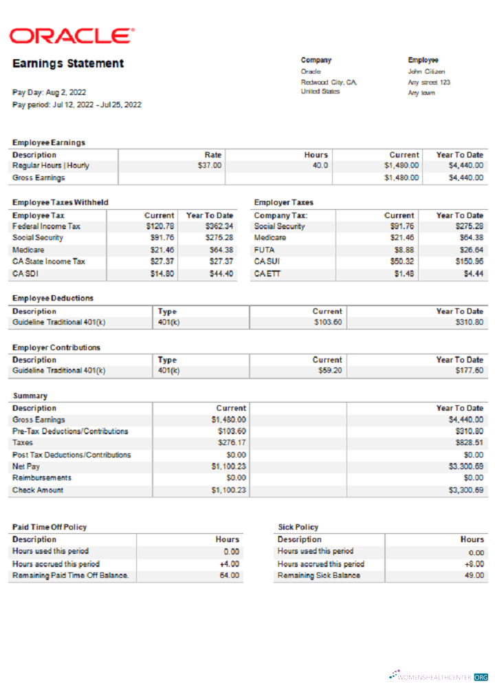 Download USA Oracle software company pay stub Photoshop template